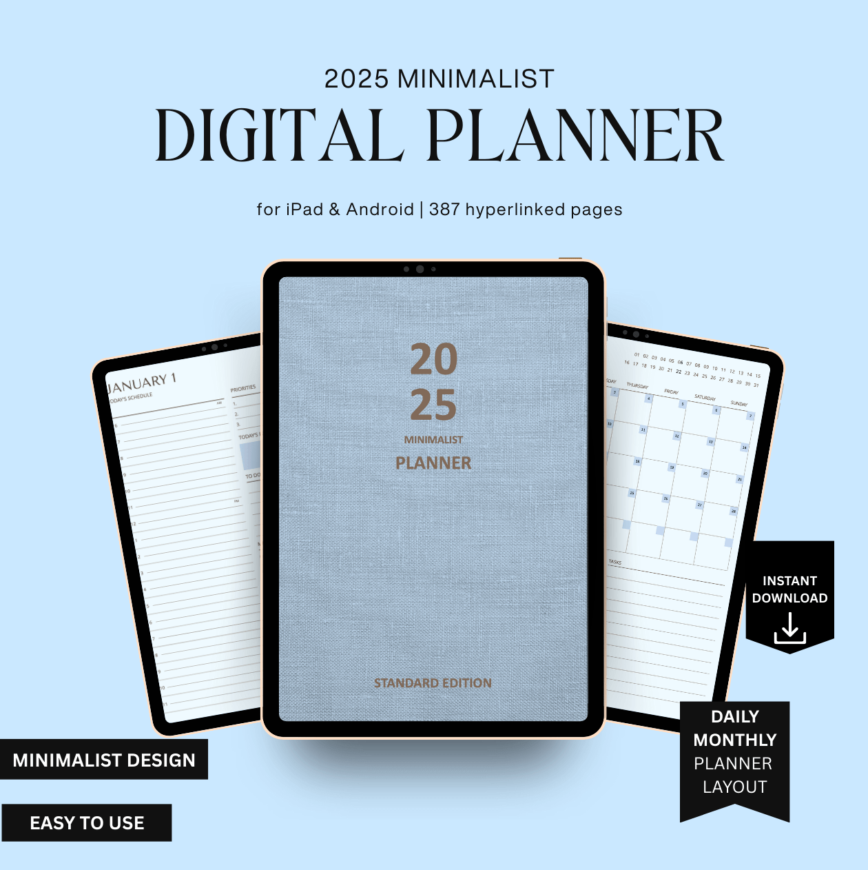 2025 minimalist digital planner for iPad and Android on a light blue background